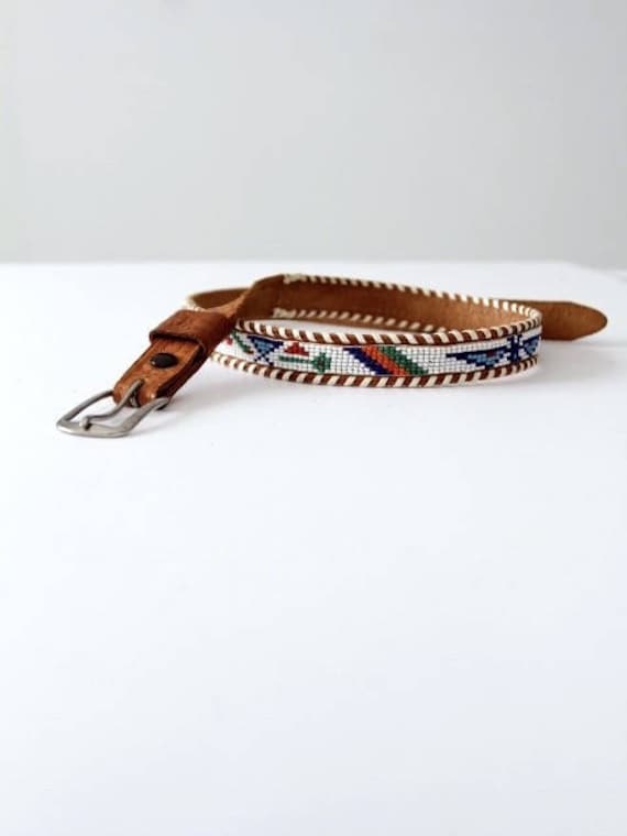 vintage kids western belt, 1950s beaded leather b… - image 1