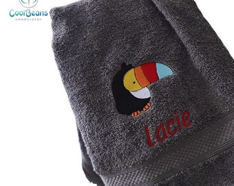 TOUCAN Towel -  Personalised -  Face Cloth / Hand Towel / Bath Towel = Embroidered with TOUCAN & text