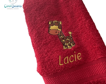 GIRAFFE A Towel -  Personalised -  Face Cloth / Hand Towel / Bath Towel = Embroidered with GIRAFFE & text
