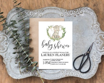 baby shower invitation, elephant, laurel wreath, diy editable pdf, printable, instant download