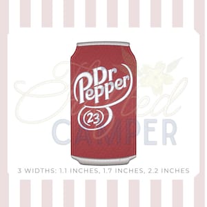 May include: An embroidered patch of a red soda can featuring the white Dr Pepper logo and the number 23 in a circle. The text below states 3 WIDTHS: 1.1 INCHES, 1.7 INCHES, 2.2 INCHES. The design has a textured appearance with visible stitching.