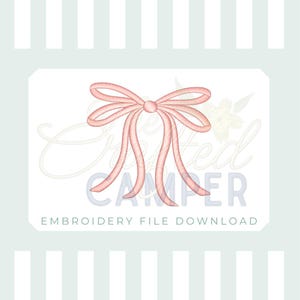 May include: A pink bow embroidery design with long, flowing ribbons. The design is centered on a white background with the text "Embroidery File Download" at the bottom. The background has a light blue and white striped pattern.
