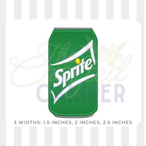May include: An embroidered green soda can patch featuring the white Sprite logo with a yellow dot above the letter i. The design includes text below stating 3 widths: 1.5 inches, 2 inches, 2.5 inches, indicating the available sizes for this item.