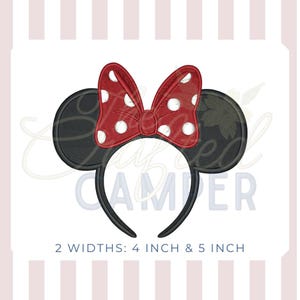 May include: A black headband with attached mouse ears and a red bow with white polka dots. The text at the bottom reads "2 WIDTHS: 10 cm & 13 cm".