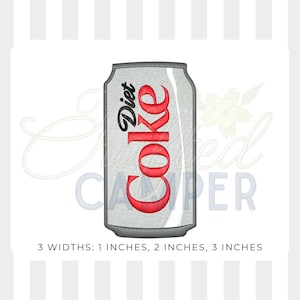 May include: An embroidered Diet Coke soda can design featuring a silver-grey textured background with the word Diet in black and Coke in large red letters. The text below specifies three widths: 1 inches, 2 inches, and 3 inches.