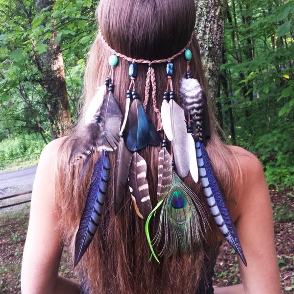 Sapphire Princess - Feather headband, native, american, style, indian, hippie headband, bohemian headband, feather headpiece, peacock
