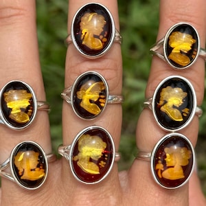 Hand Carved Amber Cameo Ring: Sterling Silver Adjustable Band