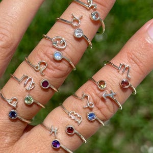 zodiac gemstone ring, minimalist, adjustable size, crystal astrology ring, birthstone jewelry