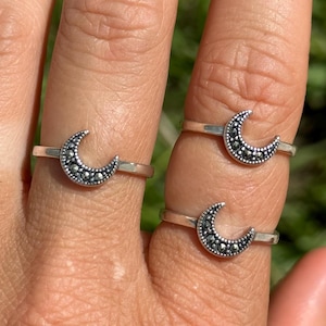 Marcasite moon ring, antique marcasite, silver ring