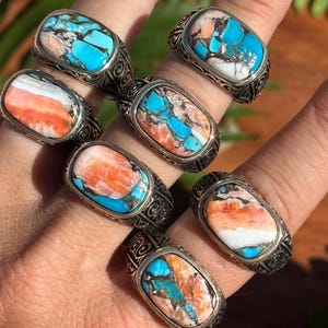 Spiney Oyster and Turquoise ring, sterling silver, .925, celtic knot design, large rings, fitted