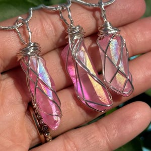 Pink aura quartz wire wrapped necklace