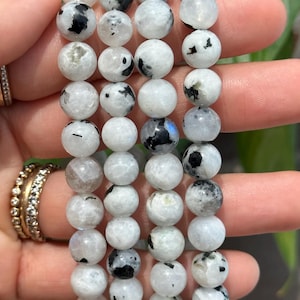 8mm  moonstone bracelet, blue flash white moonstone, black tourmaline inclusions