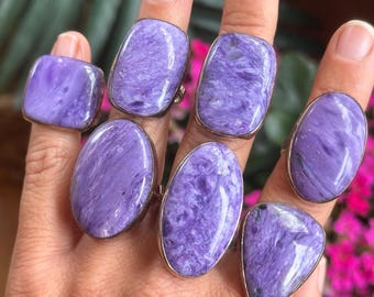 Charoite adjustable ring, .925 Sterling Silver ring