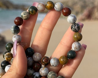 Ocean jasper bracelet, 12mm bracelet, crystal bracelet, crystal beaded bracelet, stretch bracelet, boho, candy, kandi