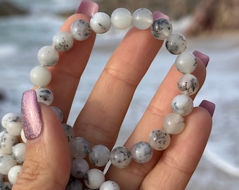 White dendritic opal bracelet, 8mm beaded crystal bracelet