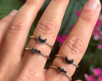 Stackable Black tourmaline Moon ring, bat ring, .925 Sterling Silver , minimalist, statement, fitted
