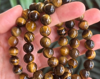10mm Tiger Eye Bracelet:  Crystal Gemstone Beaded Stretch Bracelet