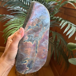 May include: A polished labradorite slab featuring a smooth, curved edge and a flat surface. The stone displays iridescent flashes of purple, gold, and deep blue hues across its dark, mottled grey base, with visible natural fissures and mineral inclusions.