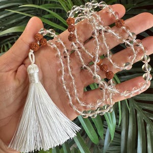 Clear quartz and rudraksha seed mala necklace with silk thread
