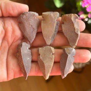 May include: Six hand-crafted stone arrowheads in varying shades of brown and gray are displayed. Each arrowhead has a distinct shape and texture, showcasing the natural variations of the stone. The arrowheads are held in a hand.