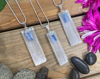 kyanite necklace, selenite satin spar necklace, polished kyanite necklace, blue kyanite necklace,  crystal  necklace,