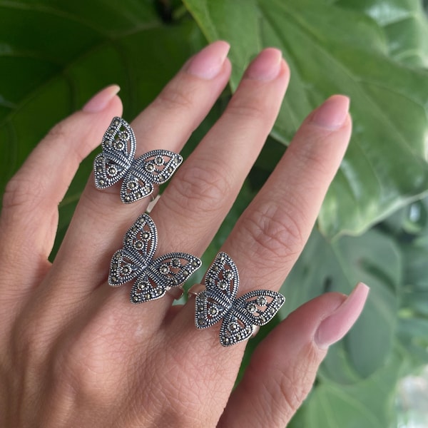 Marcasite butterfly ring, antique marcasite, silver ring
