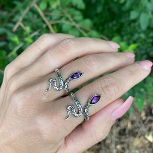 Amethyst snake ring, sterling silver, wrap ring