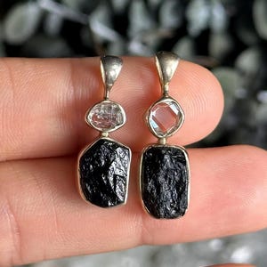 Black tourmaline and herkimer pendant, necklace, .925 Sterling Silver image 1