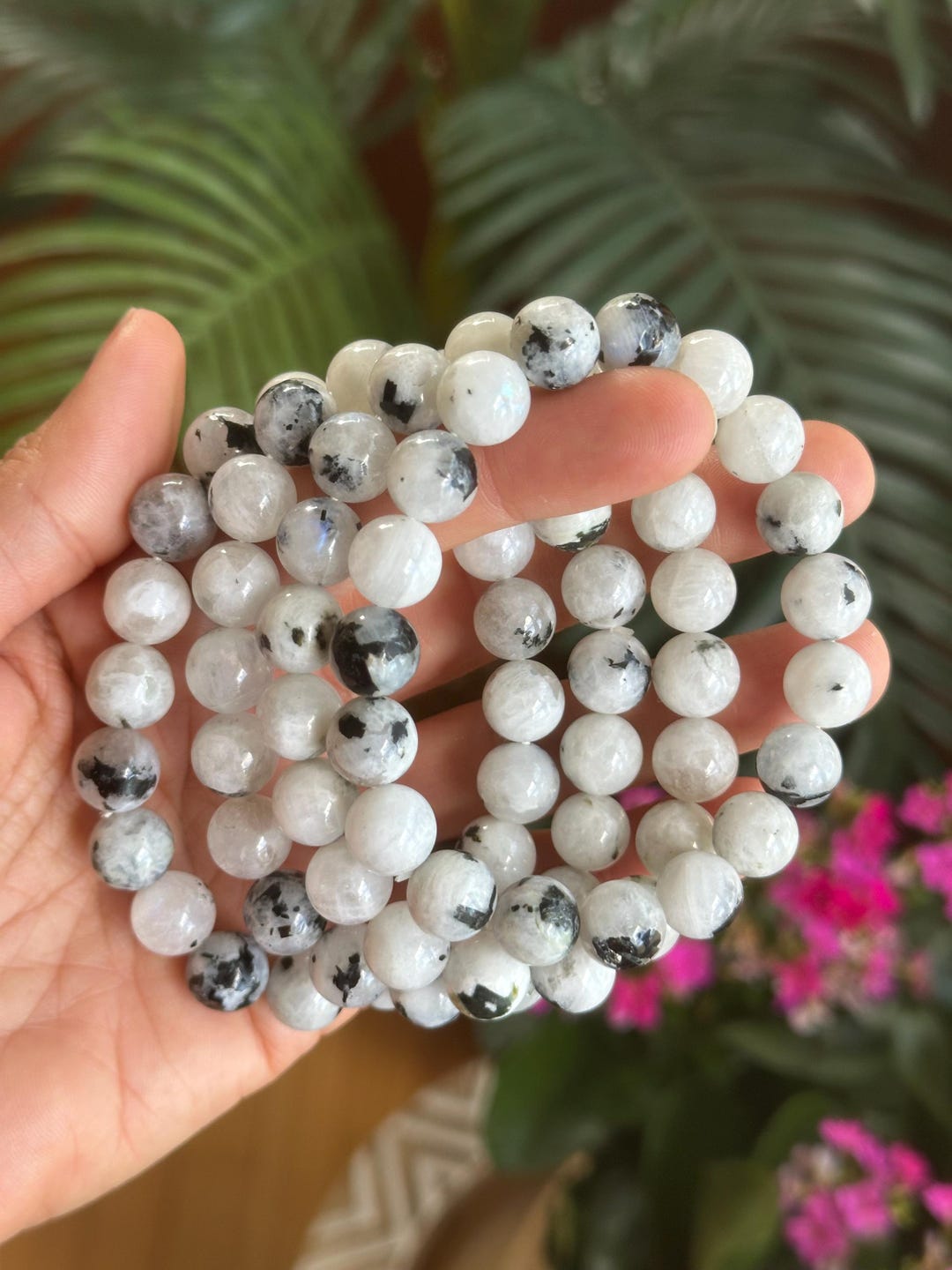 10mm Moonstone Bracelet, Blue Flash White Moonstone, Black