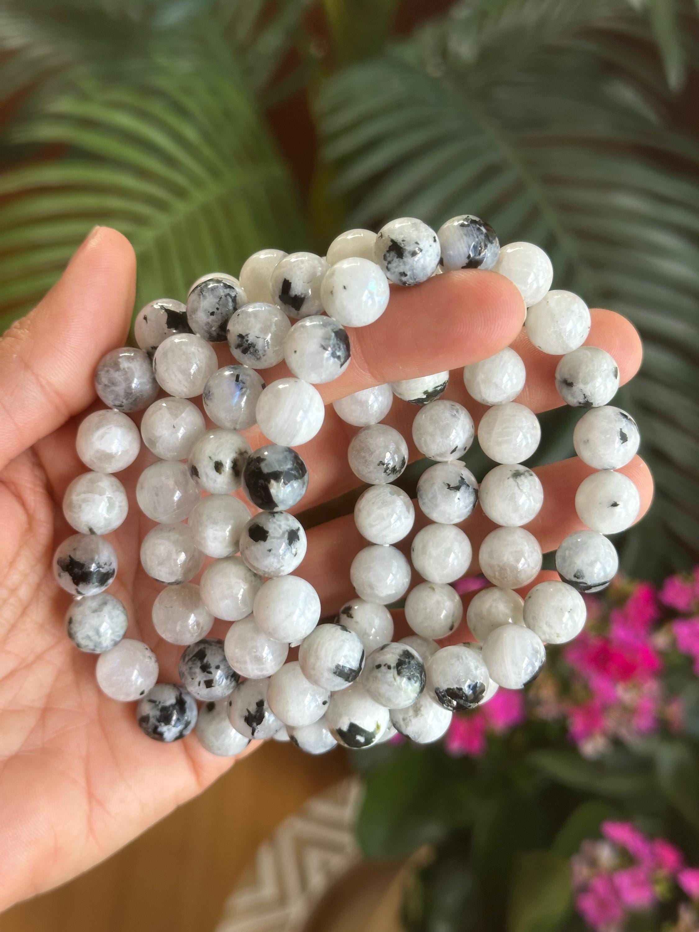 moonstone✨ブレスレットB26111 10mm Moonstone Bracelet, Blue Flash White Moonstone, Black