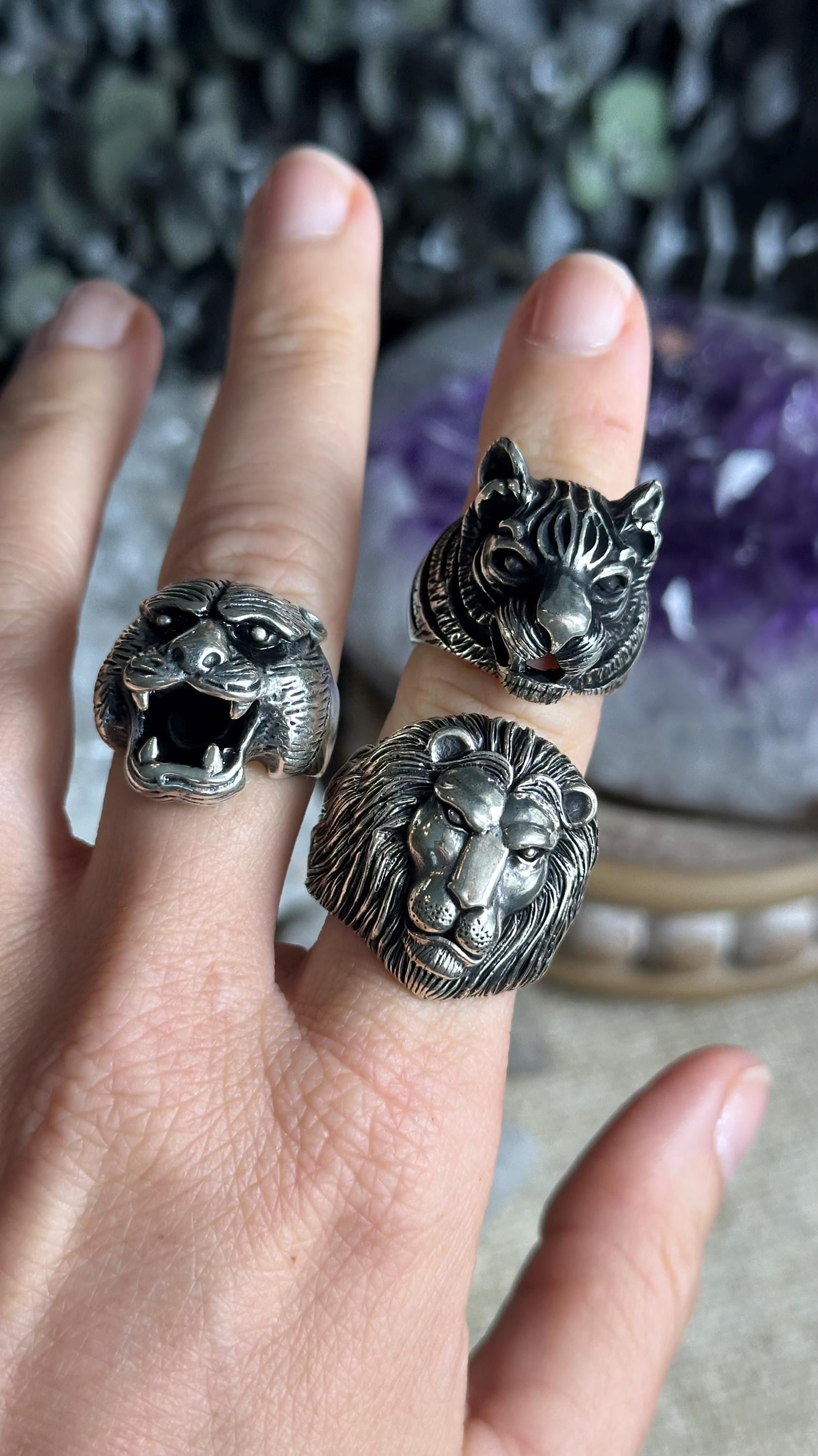 Animal Ring, Lion, Tiger, Jaguar, .925 Sterling Silver, Unisex