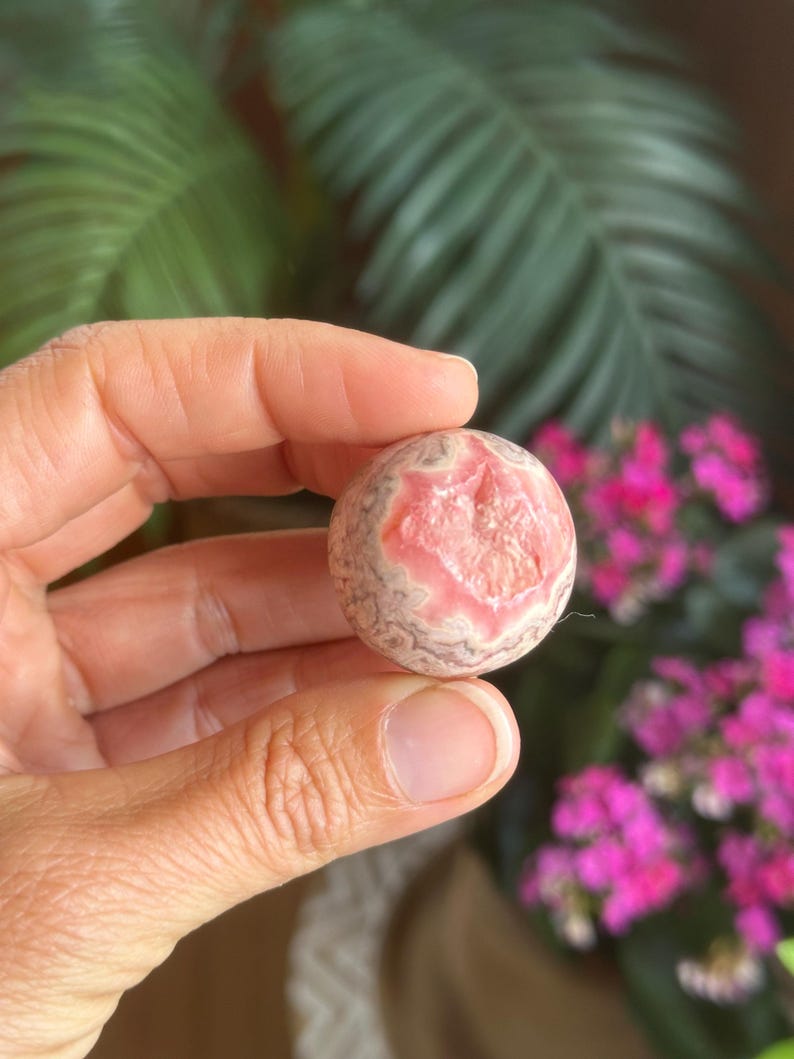 May include: A spherical gemstone with a pink and grey pattern. The stone features a central pink area with a textured appearance, encircled by a band of grey and white. The gemstone is held in a hand, with a blurred backdrop of green leaves and pink flowers.