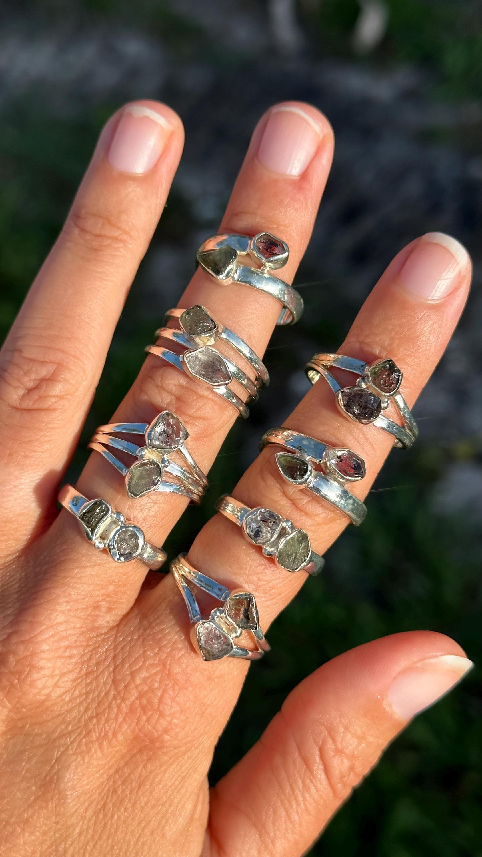 Moldavite and Herkimer Diamond Sterling Silver Ring