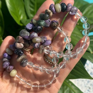 Tumbled Charoite & Clear Quartz Gemstone Bracelet
