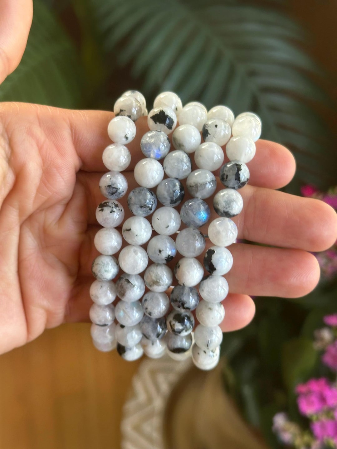 8mm Moonstone Bracelet, Blue Flash White Moonstone, Black