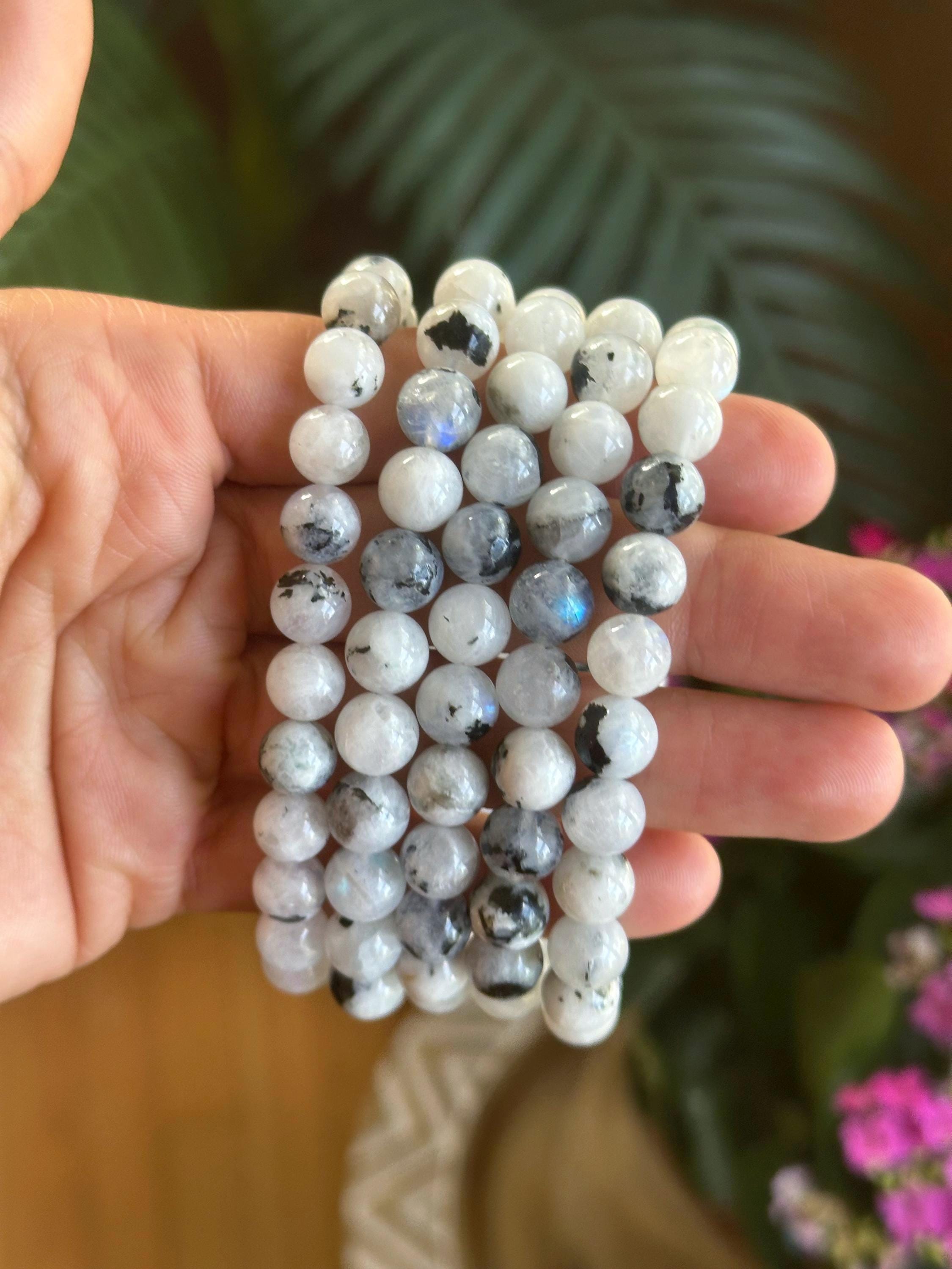 8mm Moonstone Bracelet, Blue Flash White Moonstone, Black