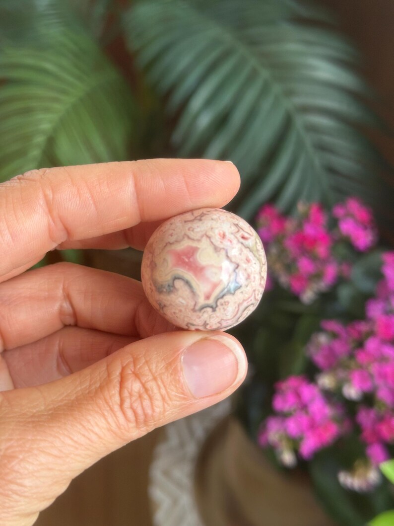 May include: A spherical, polished stone with a swirling pattern of pink, cream, and grey. The stone is held in a hand, highlighting its intricate natural design. The background features green foliage and vibrant pink flowers, enhancing the stone's colours.