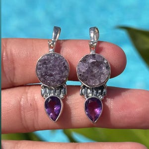 Faceted & Druzy Amethyst Two Stone Pendant Necklace: .925 Sterling Silver