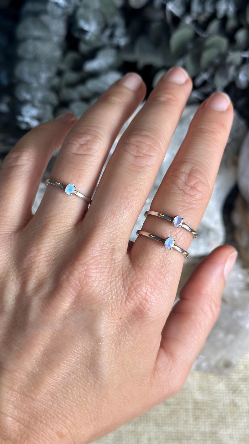 Minimalist Rainbow Moonstone ring, stackable, silver ring, blue flash, small, dainty image 2