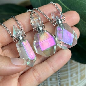 Aura Quartz Perfume Bottle Necklace: Crystal Gemstone, Stainless Steel Chain