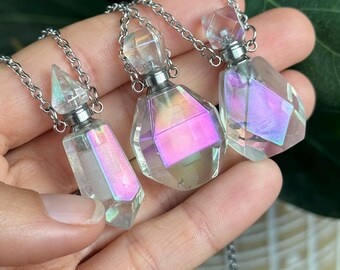 Aura Quartz Perfume Bottle Necklace: Crystal Gemstone, Stainless Steel Chain