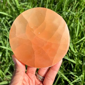 4” Peach Selenite satin spar charging plate, circular slab, crystal Cleansing