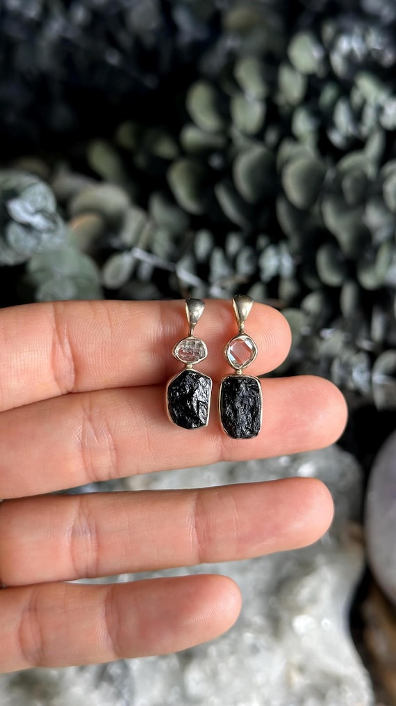 Black tourmaline and herkimer pendant, necklace, .925 Sterling Silver