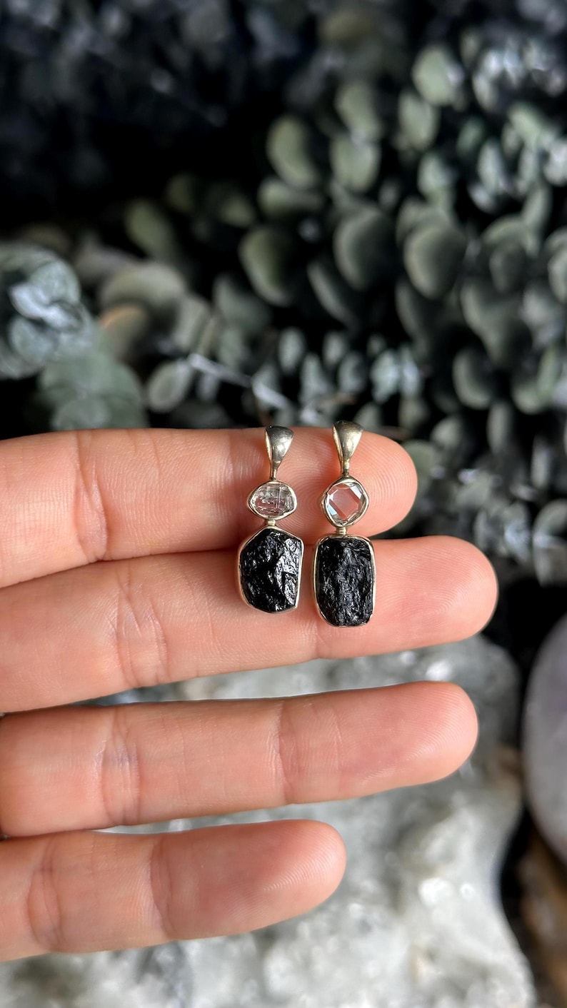 Black tourmaline and herkimer pendant, necklace, .925 Sterling Silver image 1
