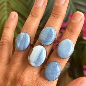 May include: Five oval-shaped rings with light blue and white stone settings are displayed on a hand. The rings have a silver-colored band. The background features green foliage and pink flowers.