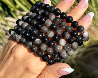 Silver sheen obsidian crystal beaded bracelet, 8mm