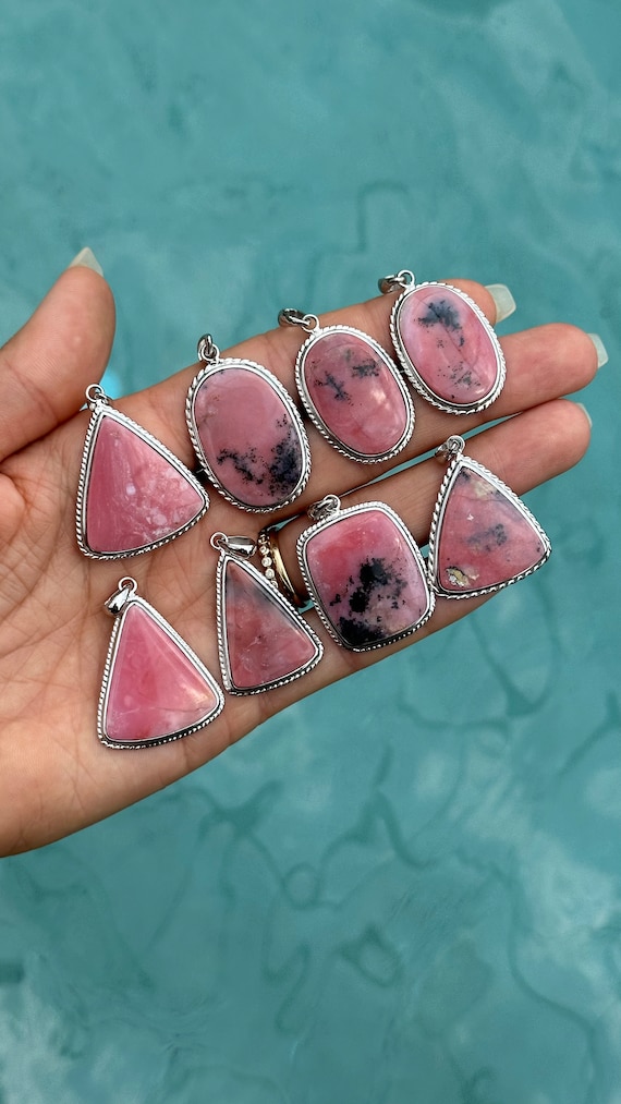 Pink andean dendritic opal pendant, pink opal neck