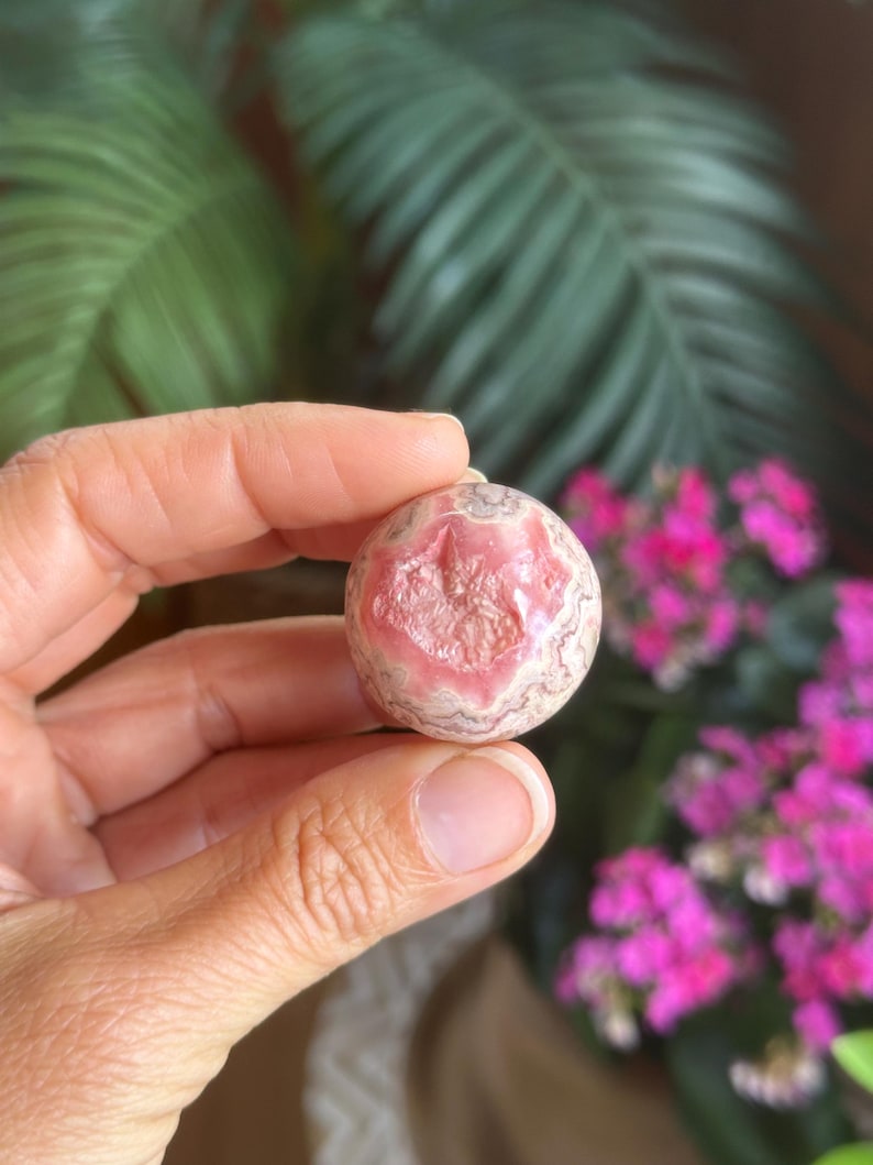May include: A spherical gemstone with a pink and white pattern. The stone is held in a hand, with a blurred background of green leaves and pink flowers. The gemstone's surface has a textured appearance.