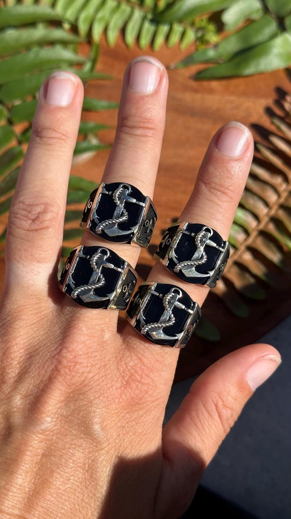 Bague d'ancre en argent sterling en obsidienne, bague unisexe