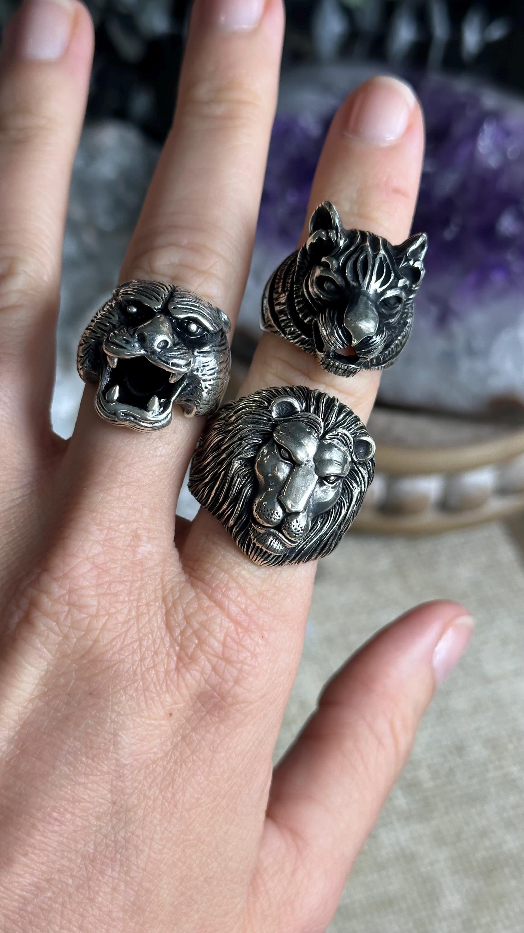 Animal Ring, Lion, Tiger, Jaguar, .925 Sterling Silver, Unisex
